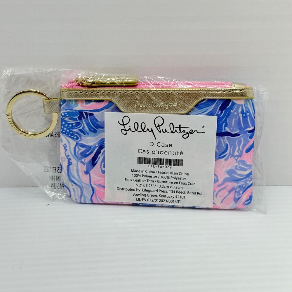 Lilly Pulitzer ID‎ Case Keychain Wallet Card Holder Blue Pink Gold, Fashion